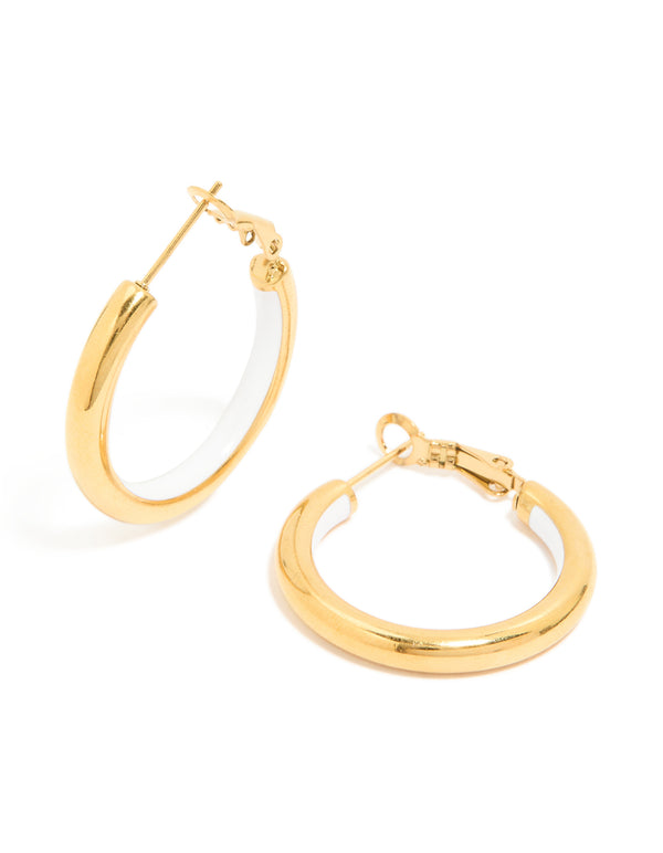Showcasing waterproof hoop earrings crafted from gold plated stainless steel with half white enamel detail front view