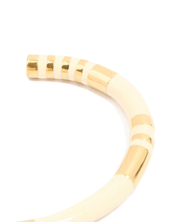 Waterproof Gold Plated Stainless Steel Neutral Toned Enamel Striped Wrist Cuff