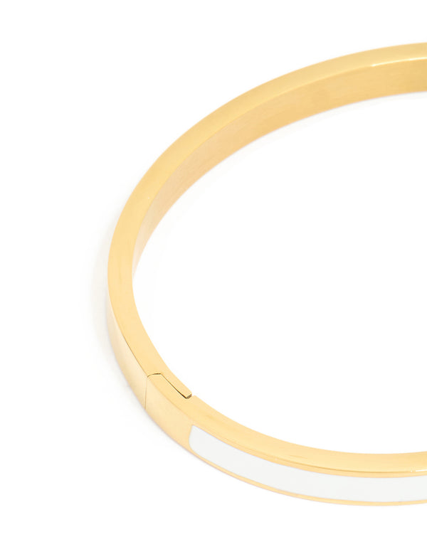 Designed with waterproof gold plated stainless steel white enamel hinged bangle in dainty style closure detail view