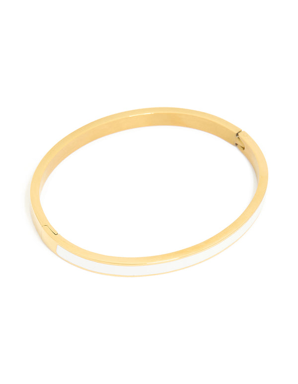 Showcasing a waterproof gold plated stainless steel white enamel hinged bangle in dainty style front view