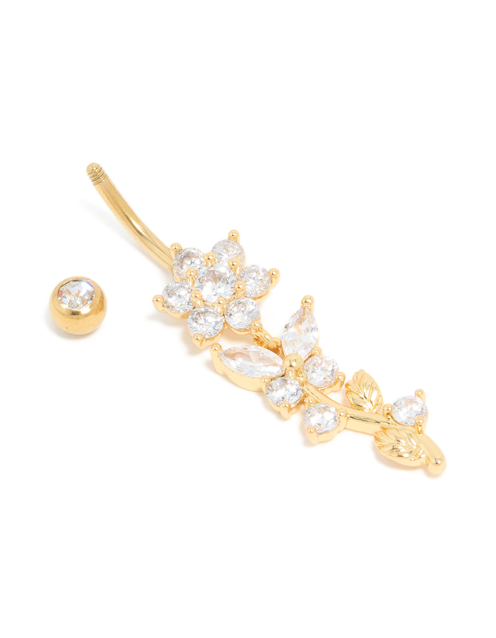 Gold Plated Cubic Zirconia Large Flower Vine Drop Belly Bar