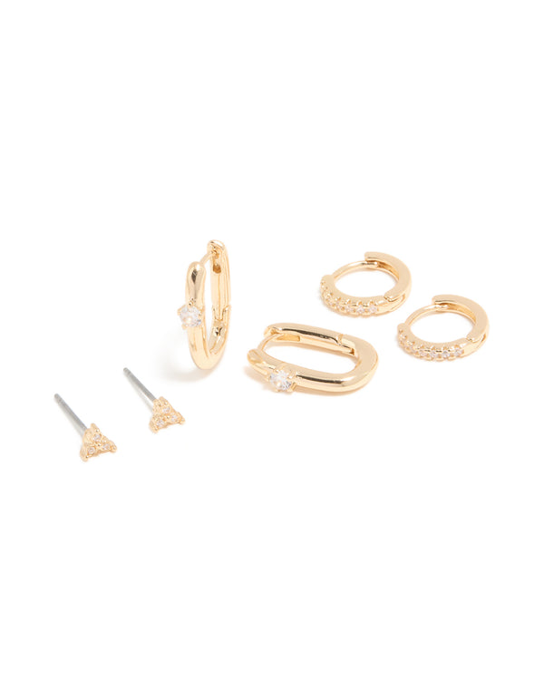 Gold Cubic Zirconia Rectangle Huggie & Stud Earrings 3-Pack