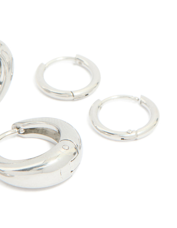 Highlighting waterproof stainless steel cubic zirconia mix huggie earrings 3-pack with silver finish and clear tones post detail view