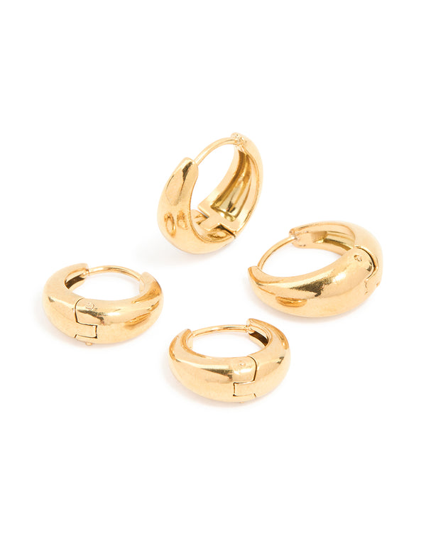 Showcasing waterproof gold plated stainless steel thick oval huggie earrings in a 2-pack with chunky style front view