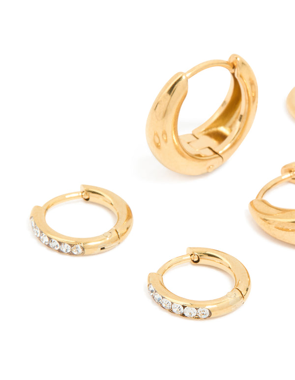 Crafted from waterproof gold plated stainless steel with cubic zirconia mix huggie earrings in a 3-pack close up view