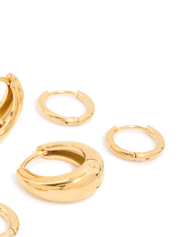 Highlighting waterproof gold plated stainless steel cubic zirconia mix huggie earrings in a 3-pack post detail view