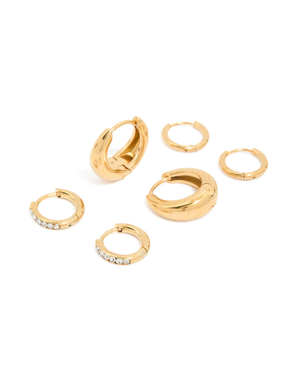 Featuring waterproof gold plated stainless steel cubic zirconia mix huggie earrings in a 3-pack front view