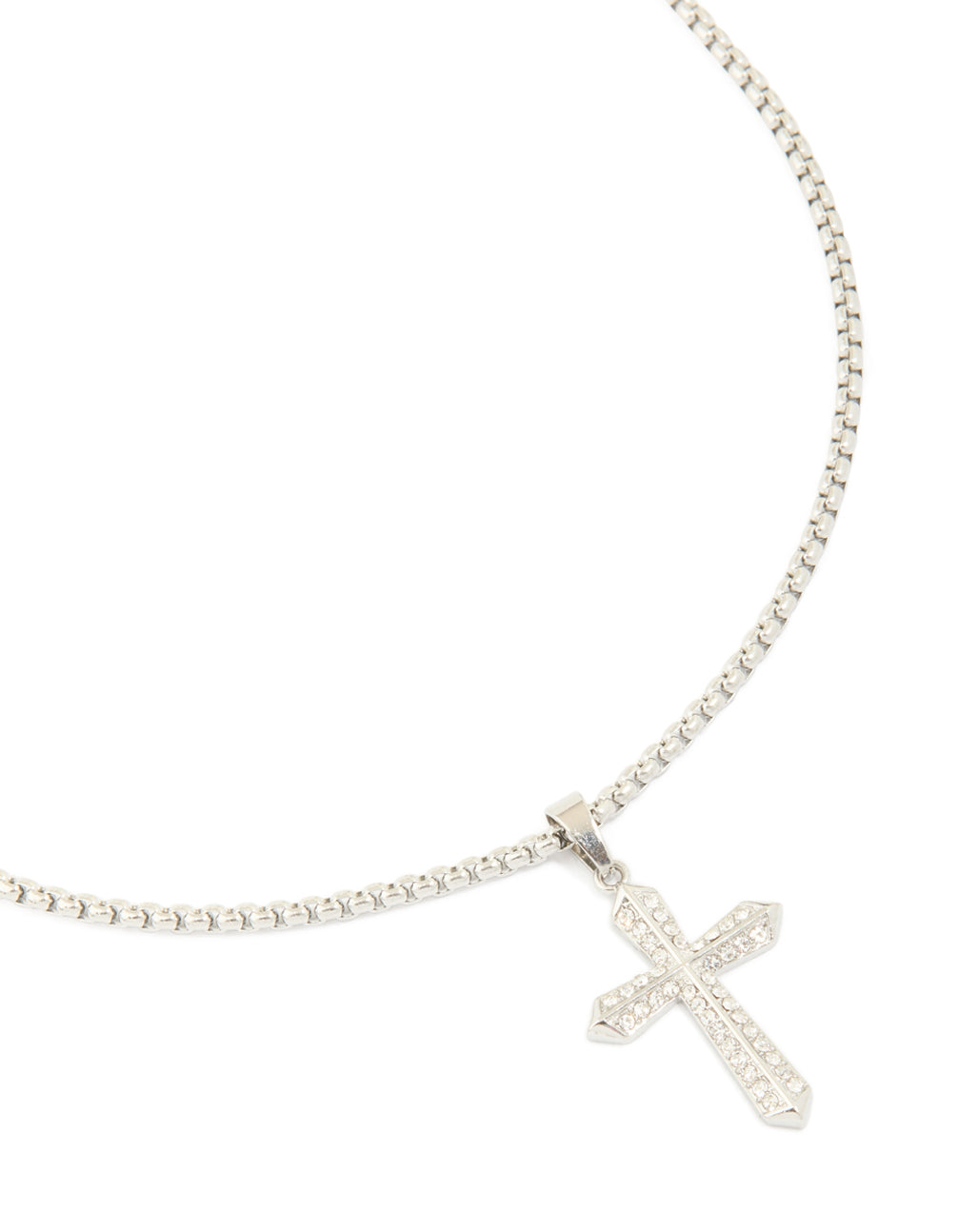 Discover this waterproof stainless steel pavé cubic zirconia cross necklace in silver close up view