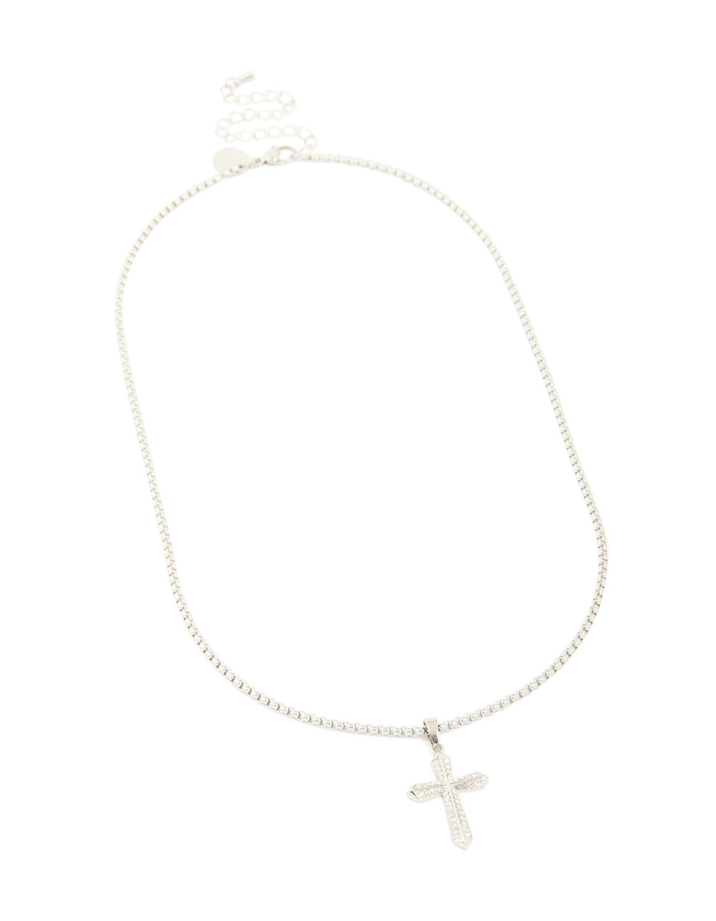 Explore this waterproof stainless steel pavé cubic zirconia cross necklace with statement silver front view