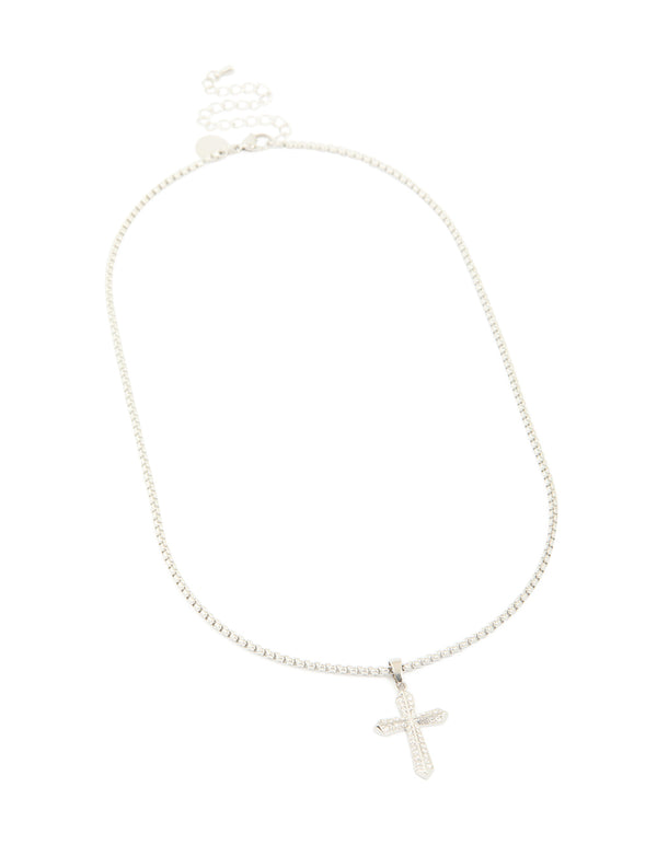 Explore this waterproof stainless steel pavé cubic zirconia cross necklace with statement silver front view