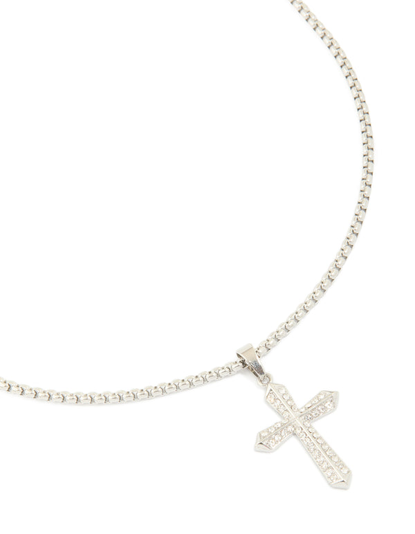Discover this waterproof stainless steel pavé cubic zirconia cross necklace in silver close up view