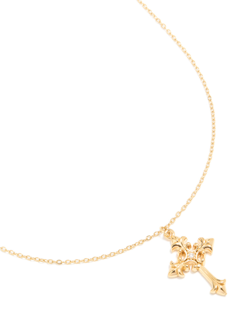 Featuring a waterproof gold plated stainless steel gothic cross necklace in dainty style close up view