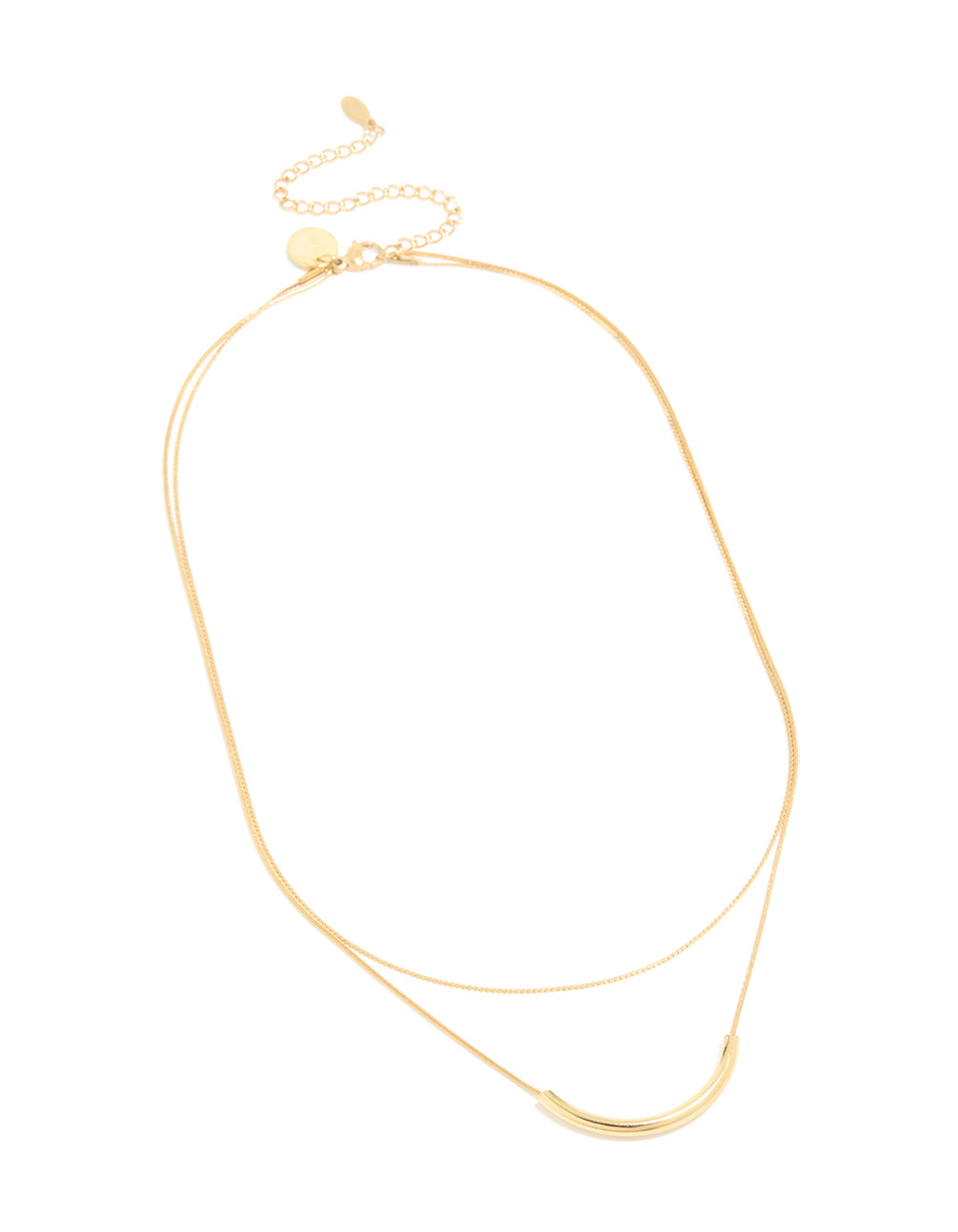Showcasing a waterproof curved bar and chain layered necklace crafted from gold plated stainless steel front view