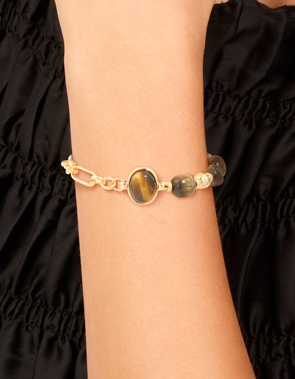 Waterproof Gold Plated Stainless Steel Bead & Tigers Eye Semi Precious Stone Beads Bracelet
