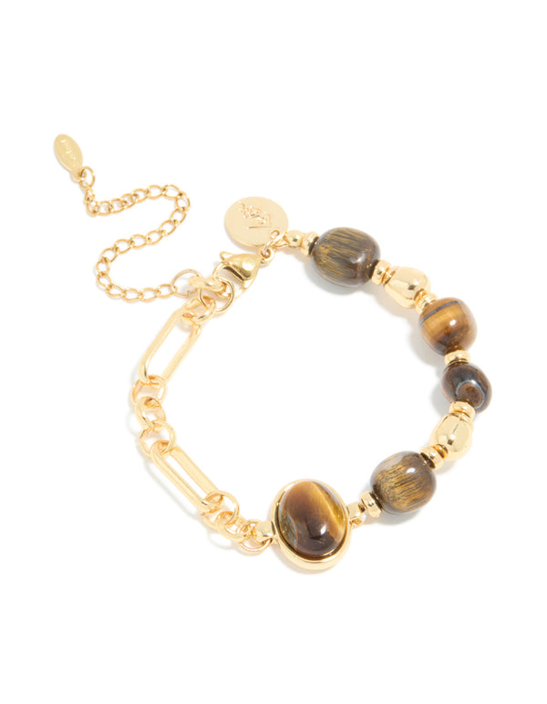 Waterproof Gold Plated Stainless Steel Bead & Tigers Eye Semi Precious Stone Beads Bracelet