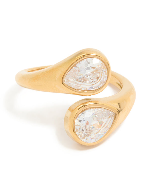 Waterproof Gold Plated Stainless Steel Cubic Zirconia Double Bezel Single Ring