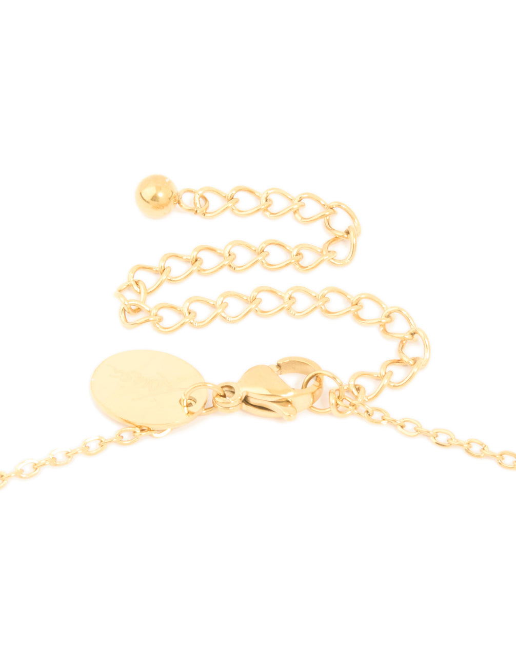 Presenting a waterproof bamboo letter L pendant necklace crafted from gold plated stainless steel with initial design clasp detail view