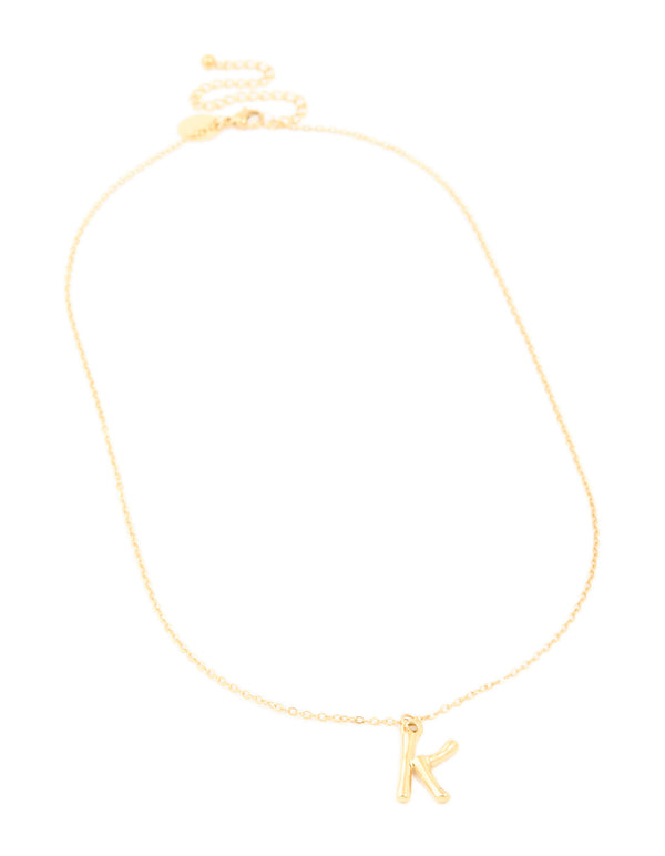 Presenting a waterproof bamboo letter K initial feature pendant necklace in gold plated stainless steel front view