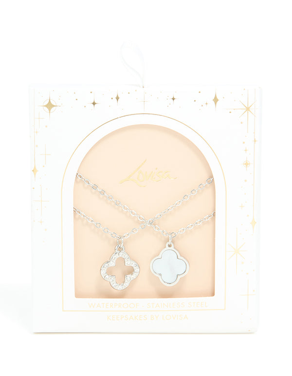 Showcasing waterproof stainless steel diamante floral pendant necklaces in a 2-pack dainty style close up view