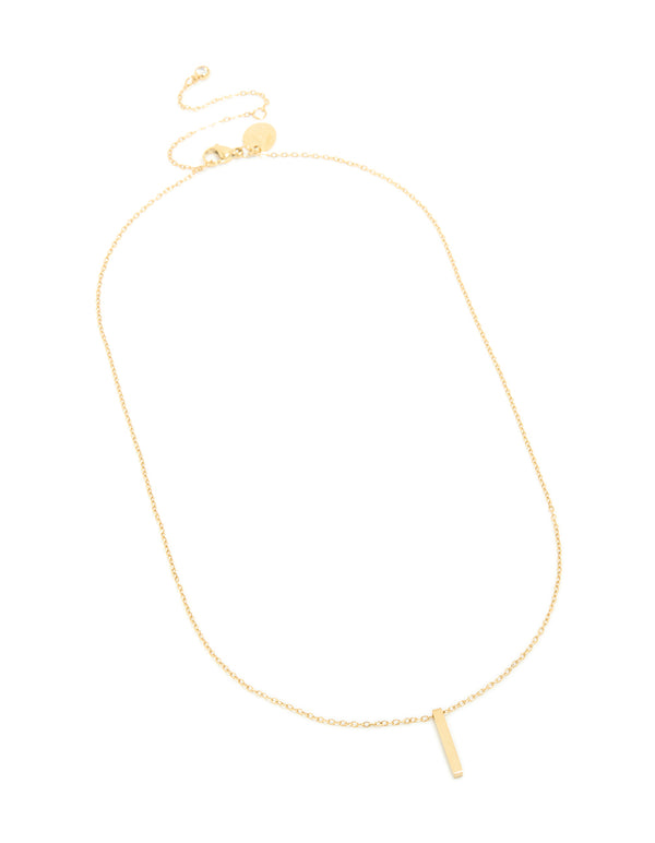Presenting a waterproof bar pendant necklace in stainless steel with engravable pillar design and gold plated finish front view