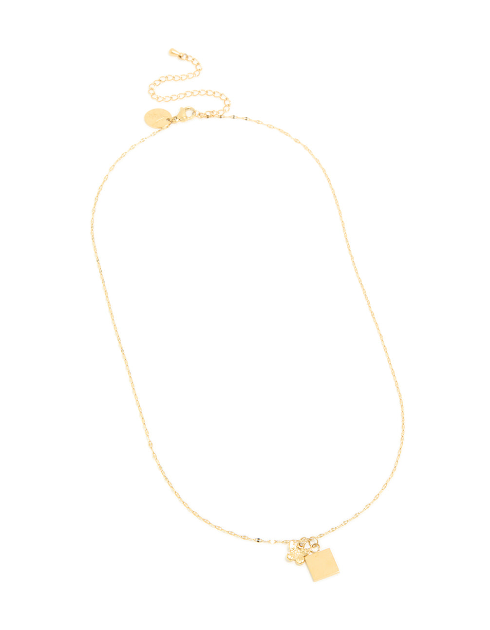 Displaying a waterproof square and butterfly pendant necklace with charm in dainty style, made from stainless steel gold plated front view