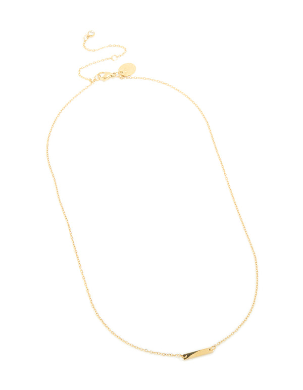 Highlighting a waterproof mini engravable bar necklace crafted from gold plated stainless steel with dainty design front view