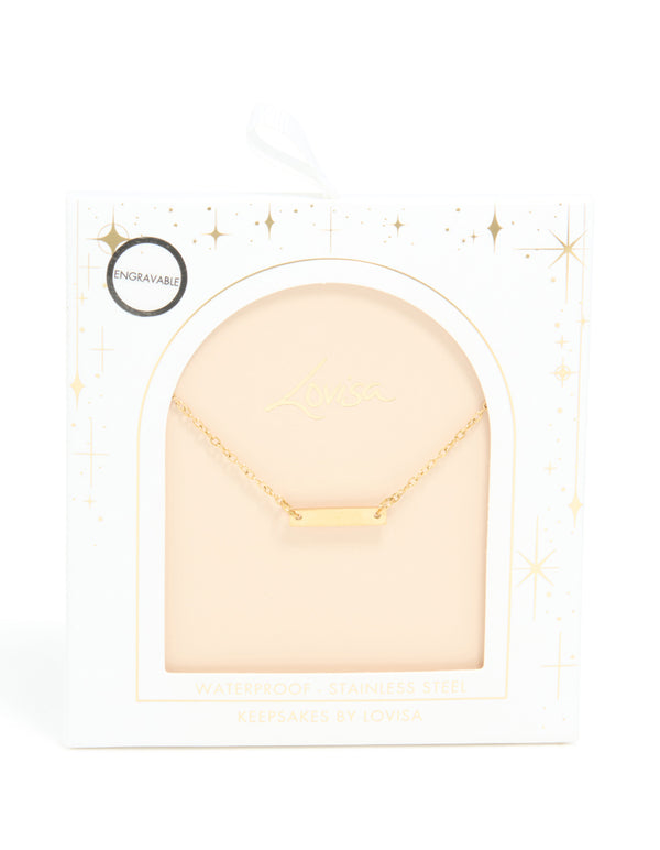 Highlighting a waterproof mini engravable bar necklace crafted from gold plated stainless steel with dainty design front view