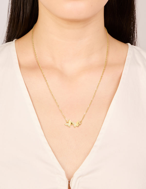 Waterproof Gold Plated Stainless Steel Cubic Zirconia Butterfly Necklace