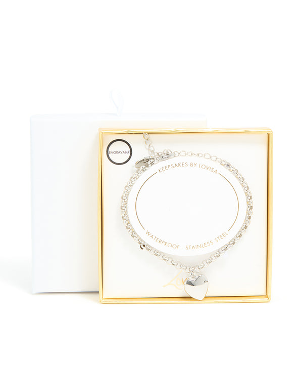 Featuring a waterproof stainless steel chunky heart bracelet in silver front view