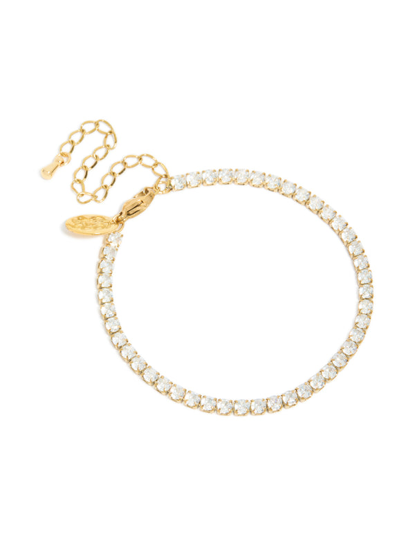 Beautifully designed waterproof stainless steel tennis bracelet, crafted from gold plated material featuring clear cubic zirconia front view
