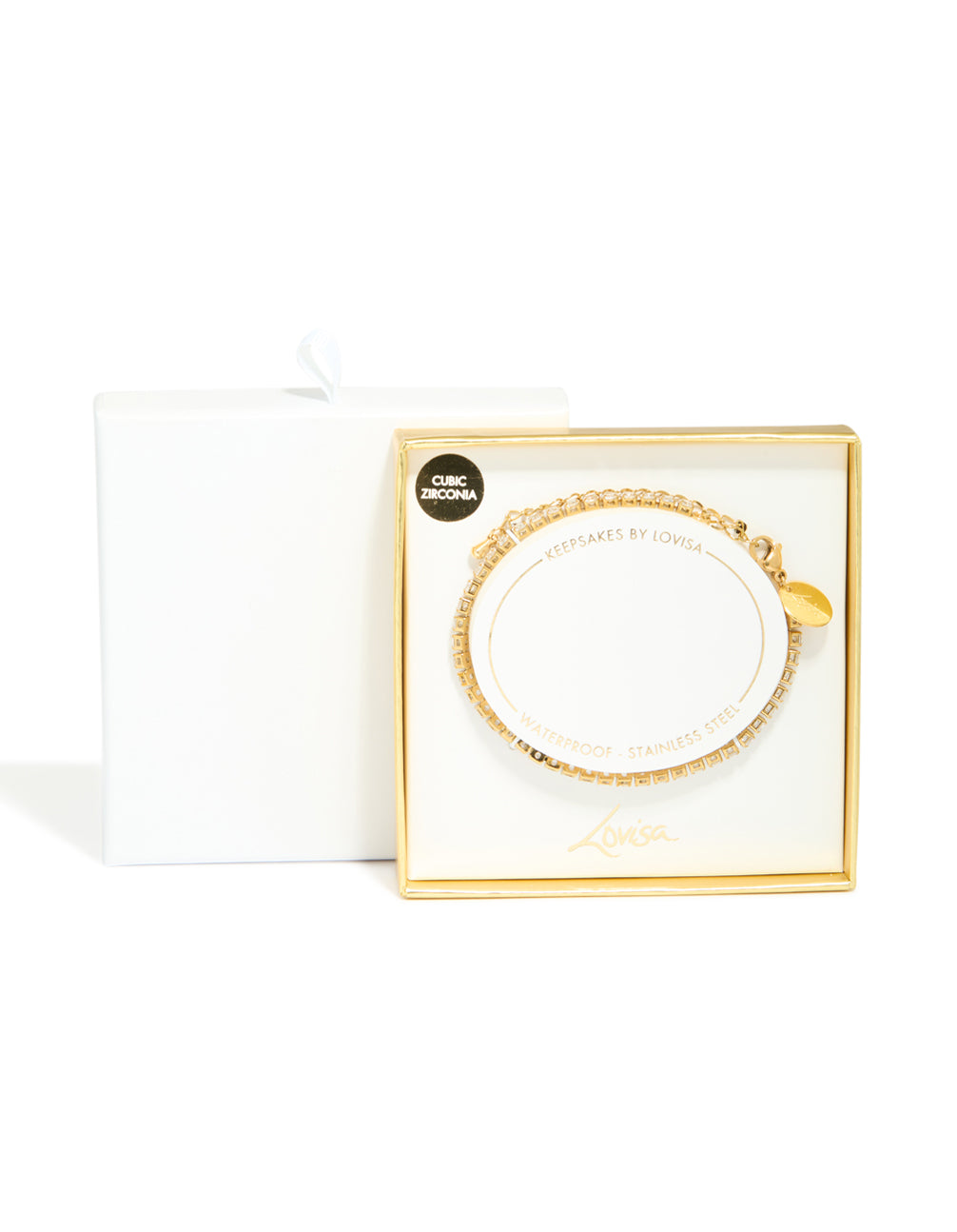 Presenting a waterproof stainless steel tennis bracelet, crafted from gold plated material featuring clear cubic zirconia closure detail view