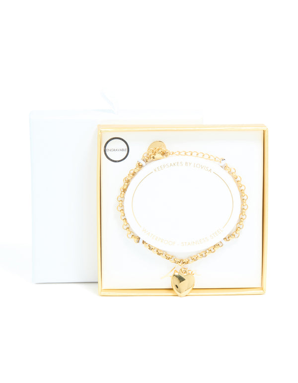 Crafted from waterproof gold plated stainless steel, this chunky heart bracelet in gold front view