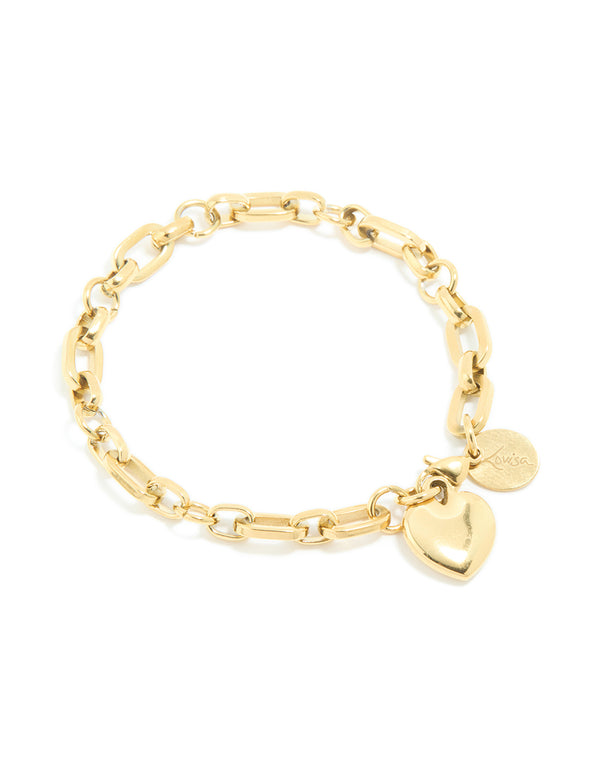 Featuring a waterproof gold stainless steel chunky heart link charm bracelet front view
