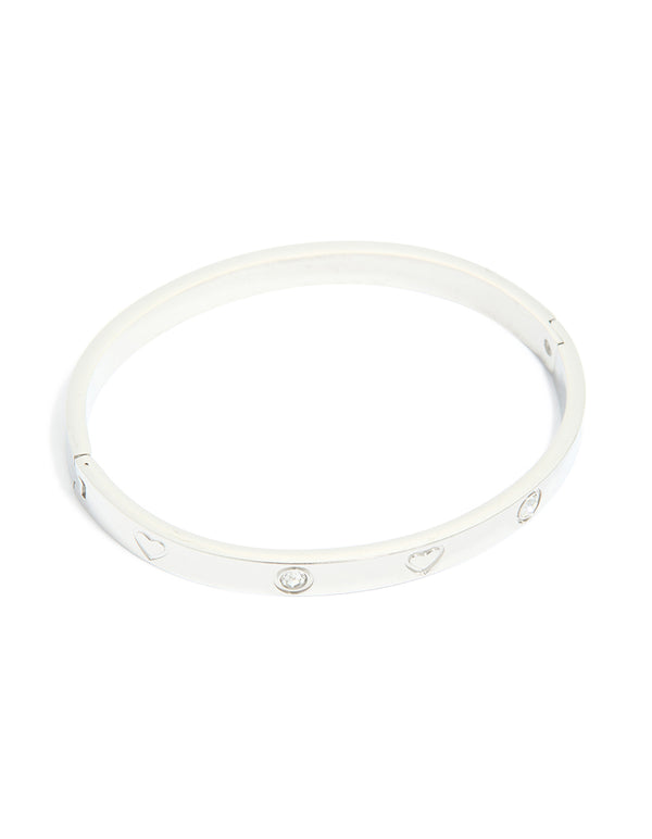 Showcasing a waterproof stainless steel cubic zirconia heart bangle in silver front view