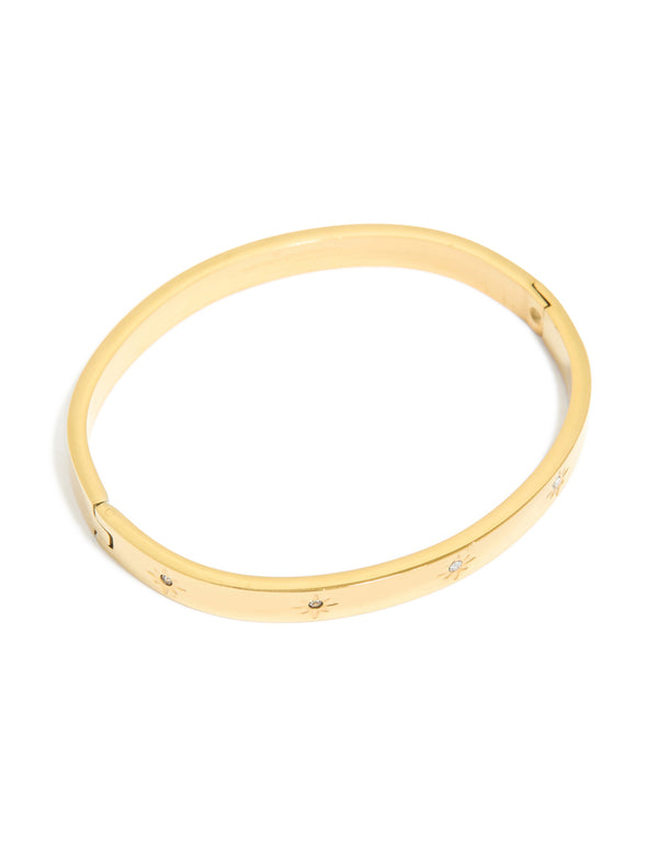 Waterproof Gold Plated Stainless Steel Cubic Zirconia Hinged Sunburst Bangle