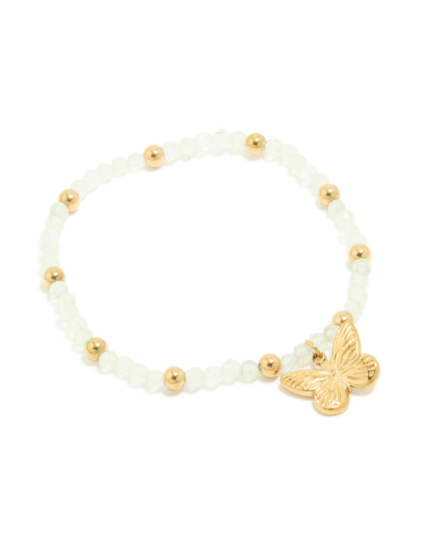 Discover this waterproof gold plated stainless steel green semi precious stone butterfly stretch bracelet featuring beads front view