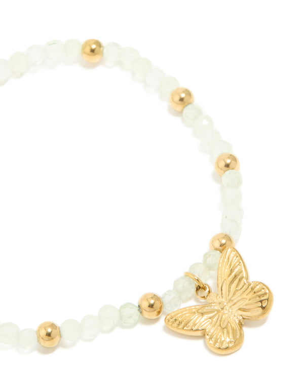 Elegant waterproof gold plated stainless steel green semi precious stone butterfly stretch bracelet with beads close up view