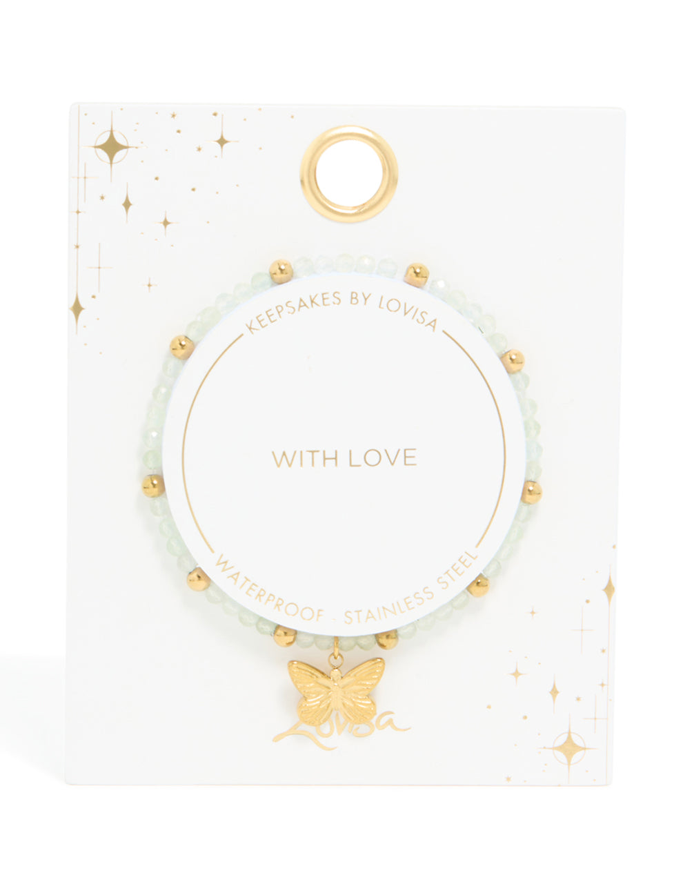 Crafted from waterproof gold plated stainless steel, this green semi precious stone butterfly stretch bracelet with beads closure detail view