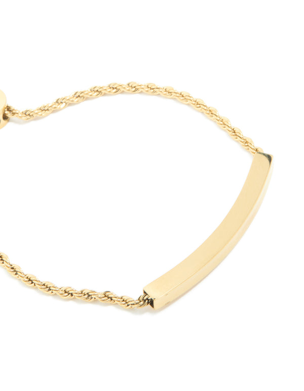 Featuring waterproof gold plated stainless steel with twist chain and engravable bar close up view