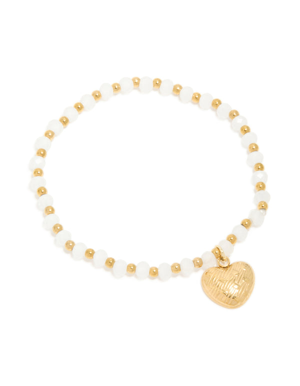 Elegant waterproof gold plated stainless steel white semi precious stone heart stretch bracelet front view