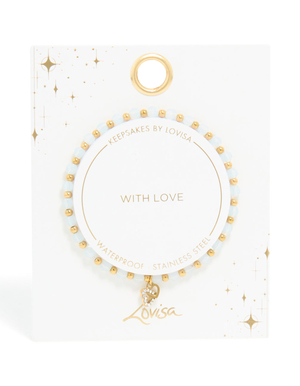 Designed with waterproof gold plated stainless steel, this beaded stretch bracelet features clear quartz stones and a dainty heart charm on model view