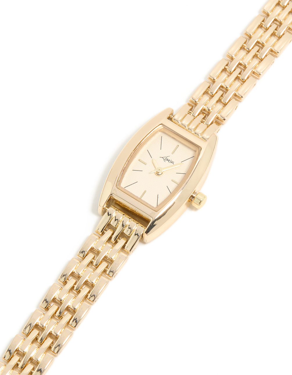 Elegant gold mini analog watch with white dial, link band strap, designed for women and formal occasions watch face detail view