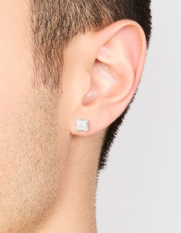 Mens Waterproof Stainless Steel Cubic Zirconia Small Square Stud Earrings
