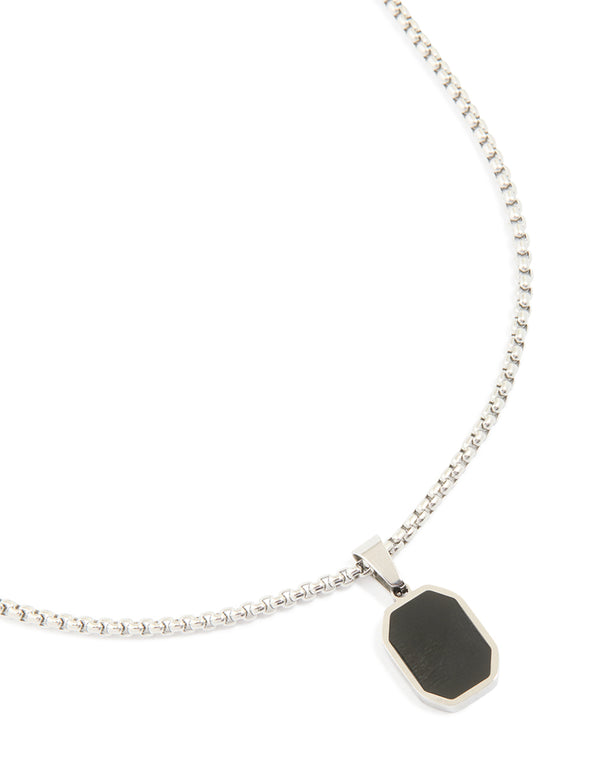 Mens Waterproof Stainless Steel Black Enamel Tag Pendant Necklace