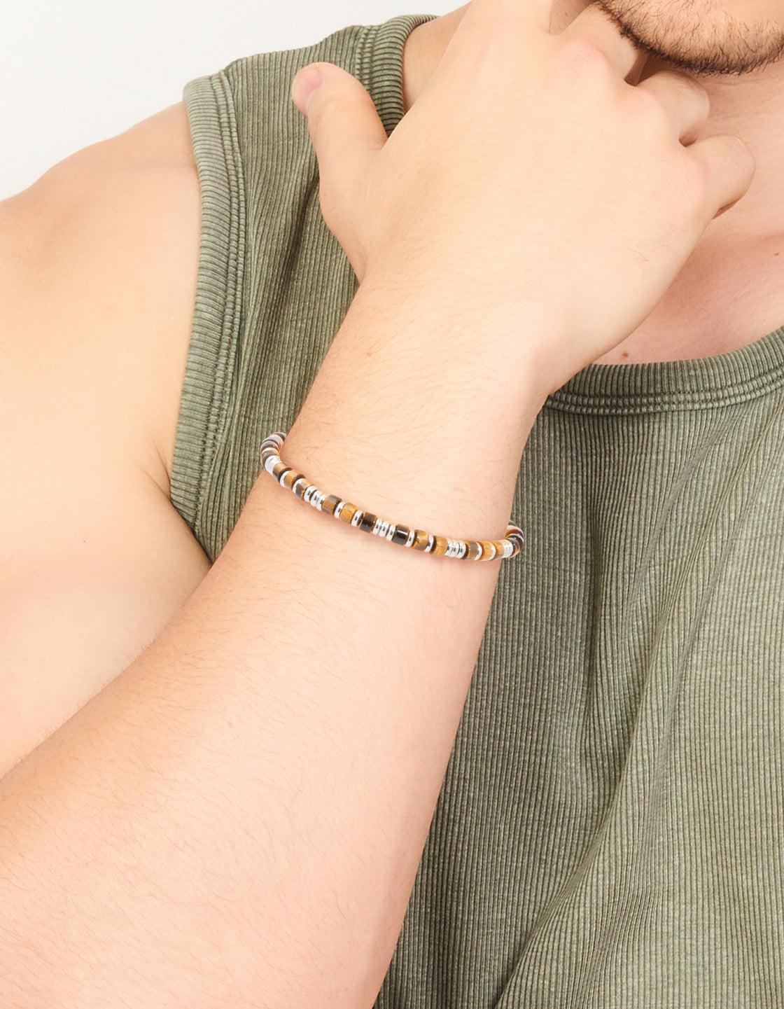Mens Waterproof Stainless Steel Semi Precious Tiger's Eye Beaded Bracelet