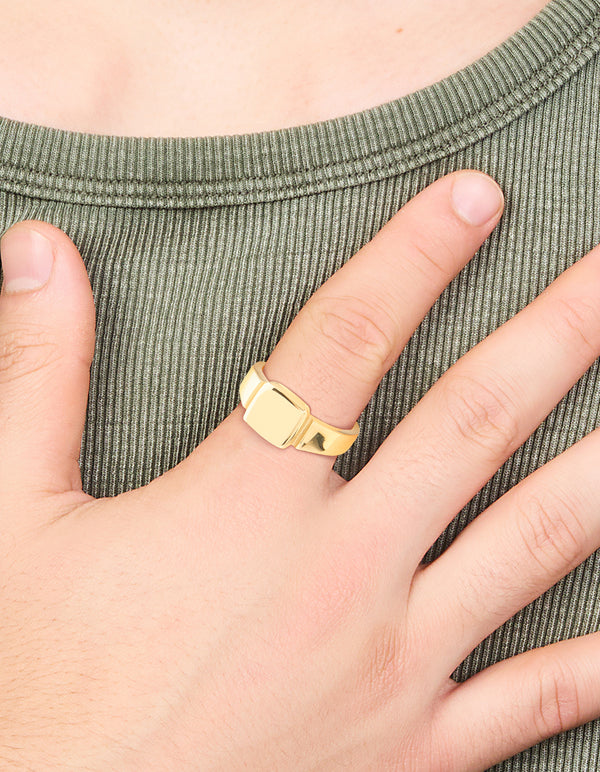 Mens Waterproof Gold Plated Stainless Steel Square Signet Ring