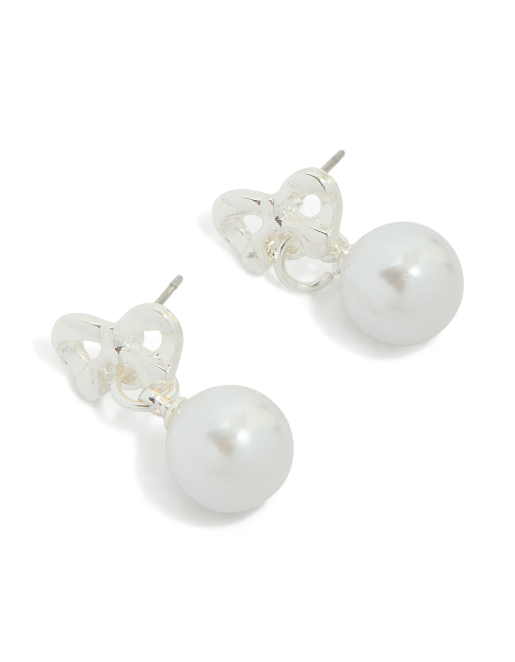 Silver Pearl Drop Bow Stud Earrings