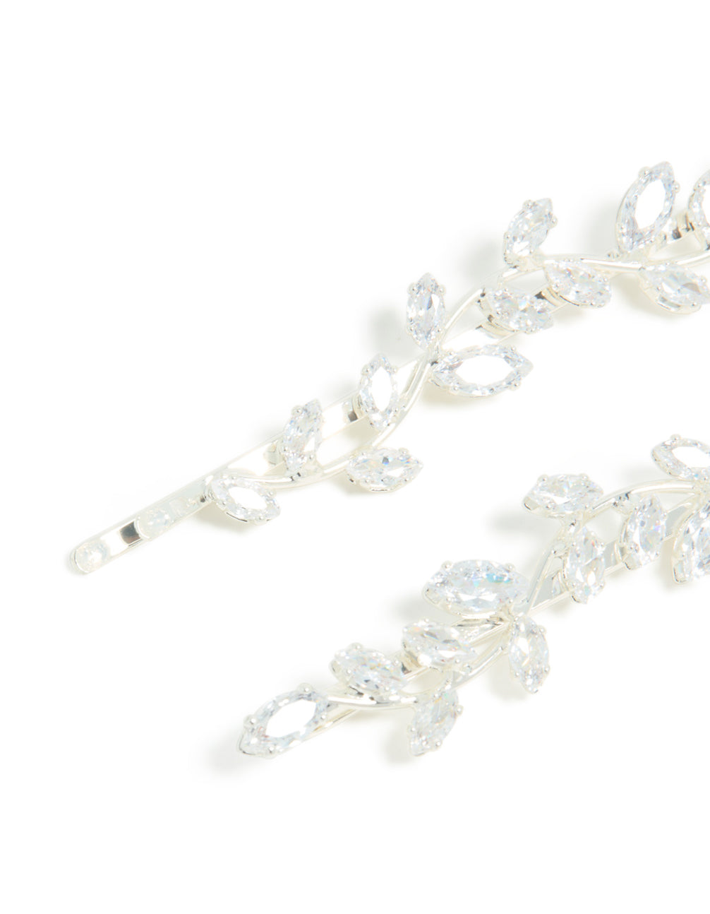 Discover leaf vine hair clips featuring cubic zirconia in a 2-pack, made from silver plated metal with dainty styling detail view