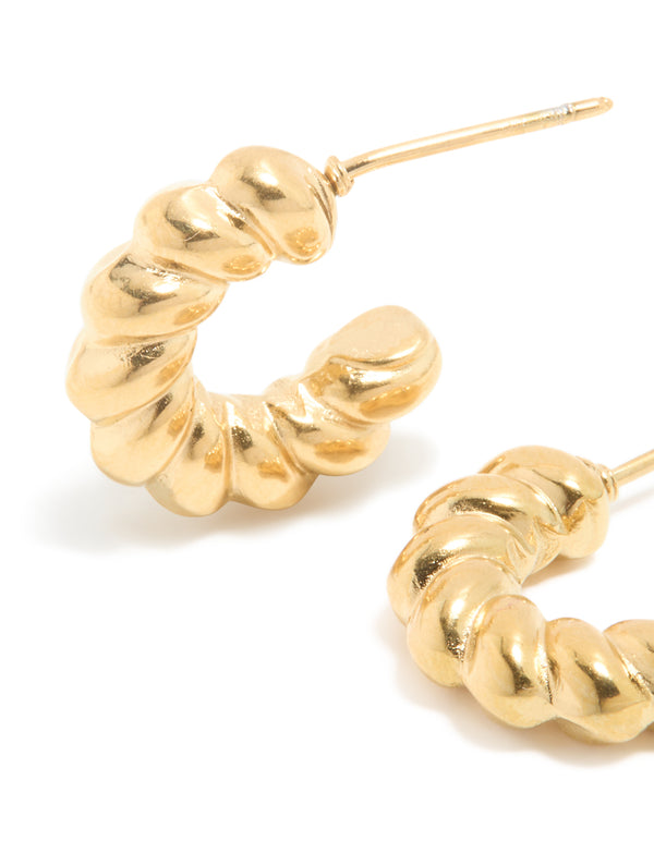 Designed with waterproof gold plated stainless steel, mini twisted open hoop earrings close up view
