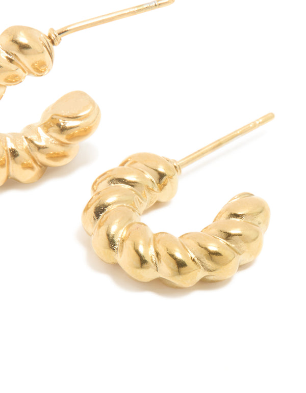 Designed with waterproof gold plated stainless steel, mini twisted open hoop earrings close up view